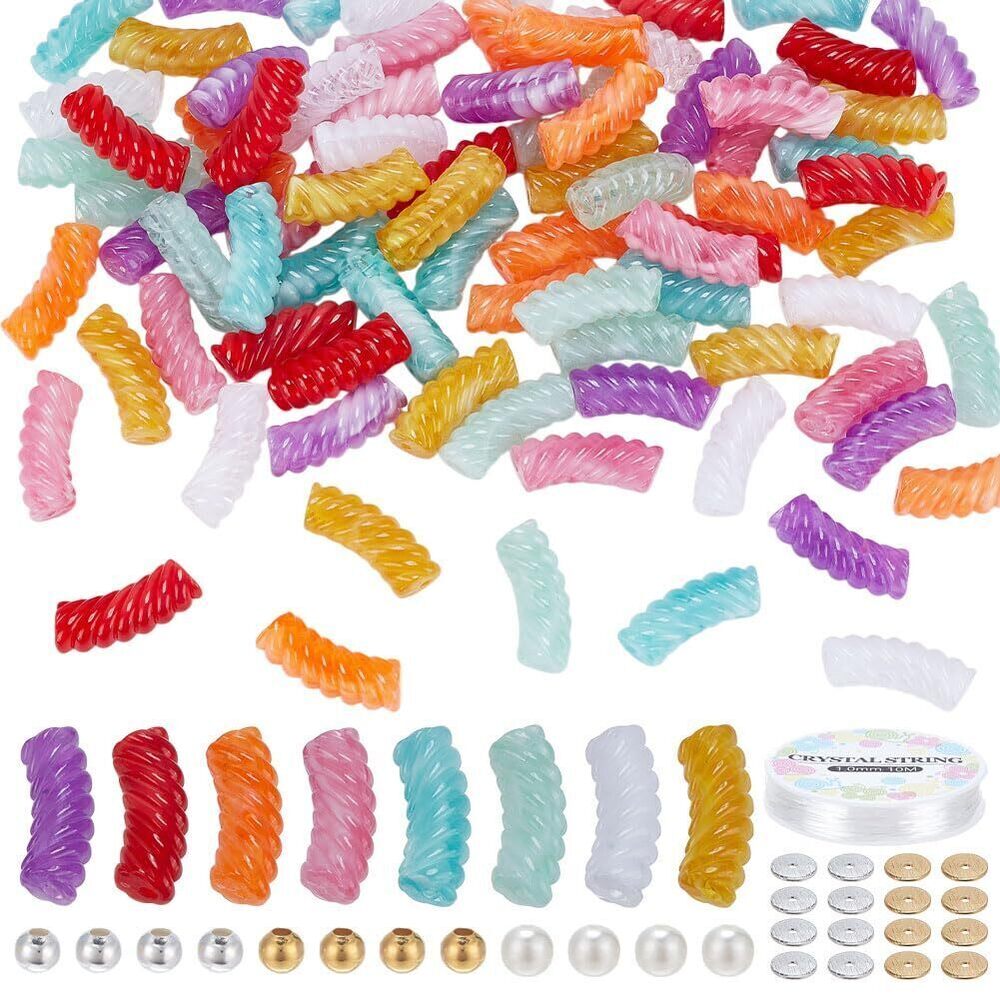 8509 80 Pcs 8 Colors Curved Tube Beads, Acrylic Bamboo Tube Beads Noodle